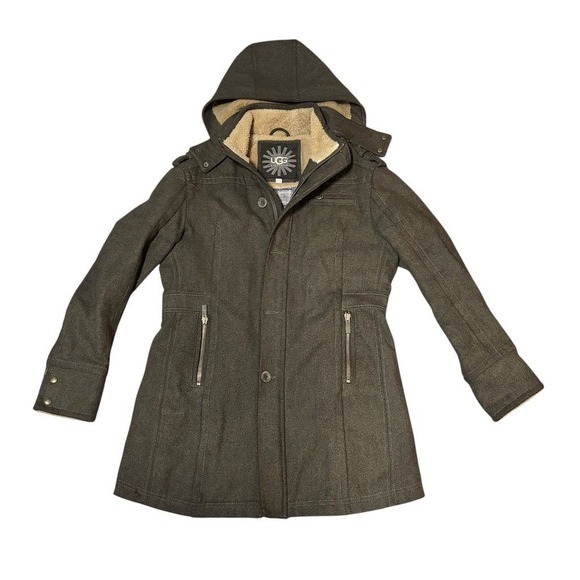 UGG Australia Women's Green Hooded Wool Blend Coat Sherpa Lining L